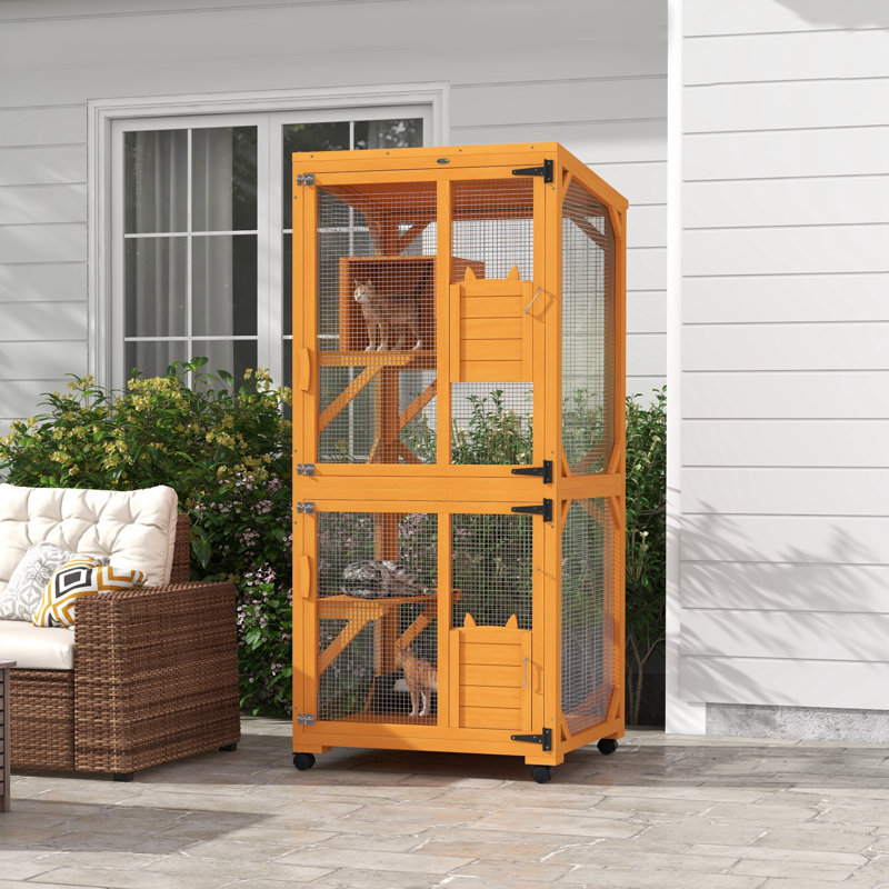 Tucker Murphy Pet Wooden Catio With Waterproof Roof Large Cat House With High Up Resting Box Indoor Outdoor Cat Enclosure With Wheels For 1 3 Cats Wayfair